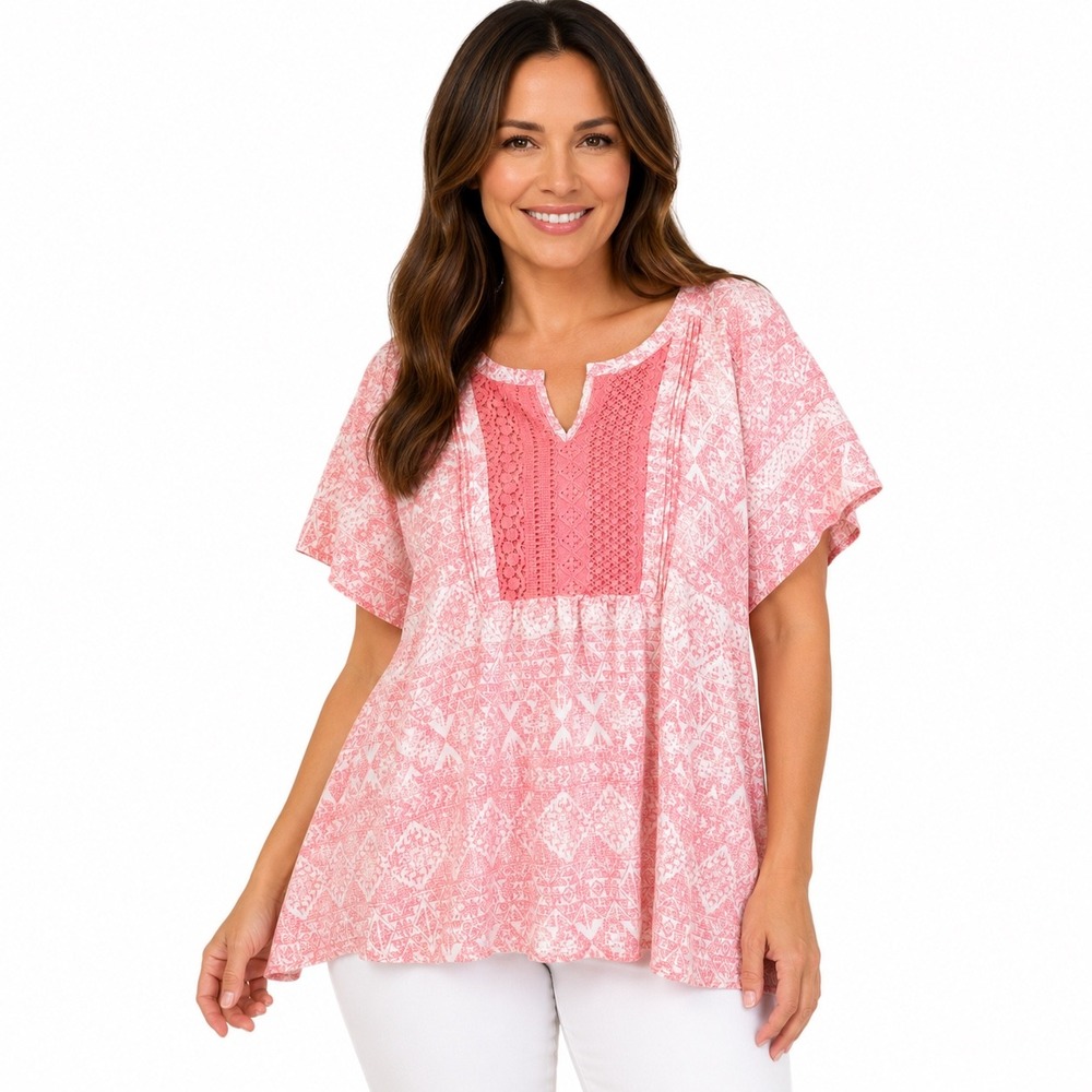 Como Vintage 3X Pink White Geometric Crochet Bib Top Short‎ Sleeve Lightweight